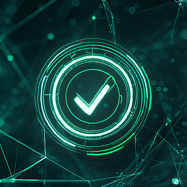 Futuristic digital illustration of a checked logo, surrounded by floating particles and network lines | Amodaia