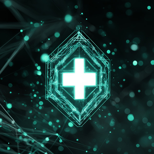 Futuristic digital illustration of a glowing teal medical cross inside a hexagonal shield, surrounded by floating particles and network lines | Amodaia