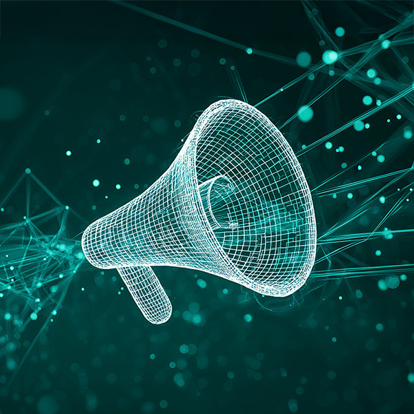 Futuristic digital illustration of a megaphone, surrounded by floating particles and network lines | Amodaia