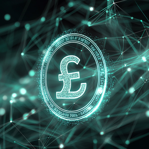 Futuristic digital illustration of a pound sterling, surrounded by floating particles and network lines | Amodaia Futuristic digital illustration of a pound sterling, surrounded by floating particles and network lines | Amodaia