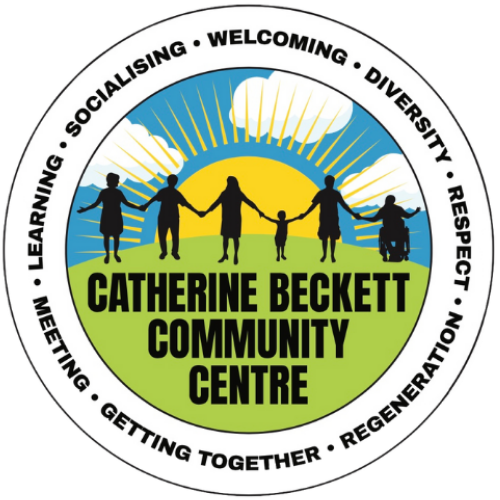Logo of Catherine Beckett Community Centre showing silhouettes of people holding hands with a sunrise background, surrounded by words like learning, diversity, and respect | Catherine Beckett Centre