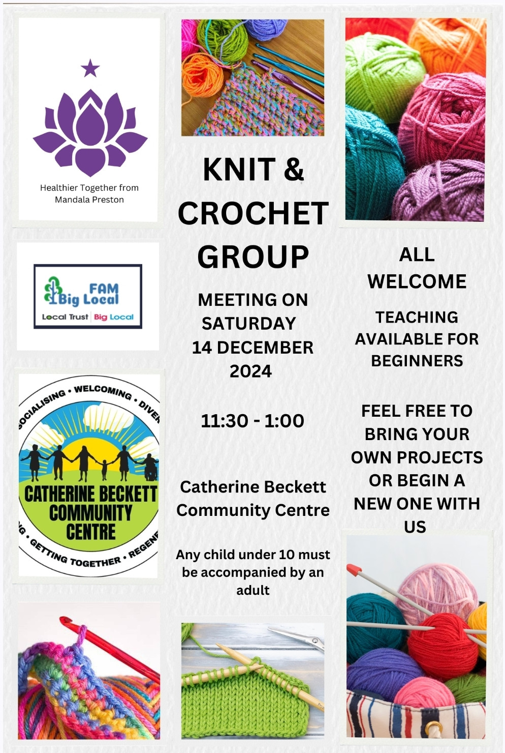 Flyer for a Knit and Crochet Group at Catherine Beckett Community Centre, showing yarn, needles, and event details inviting all ages | Catherine Beckett Centre Flyer for a Knit and Crochet Group at Catherine Beckett Community Centre, showing yarn, needles, and event details inviting all ages | Catherine Beckett Centre