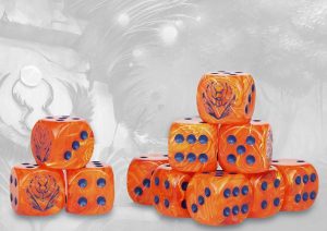 Weaver Courts Logo on Peach Marbled Dice with Navy Blue Pips 1