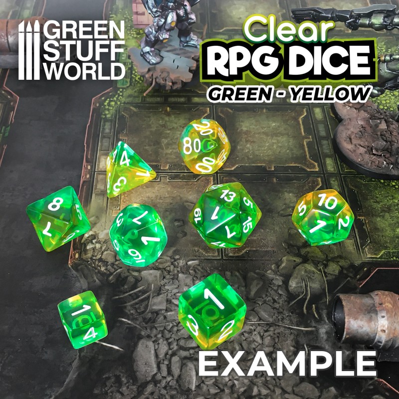 7x Mix 16mm Dice - Clear Green/Yellow 2