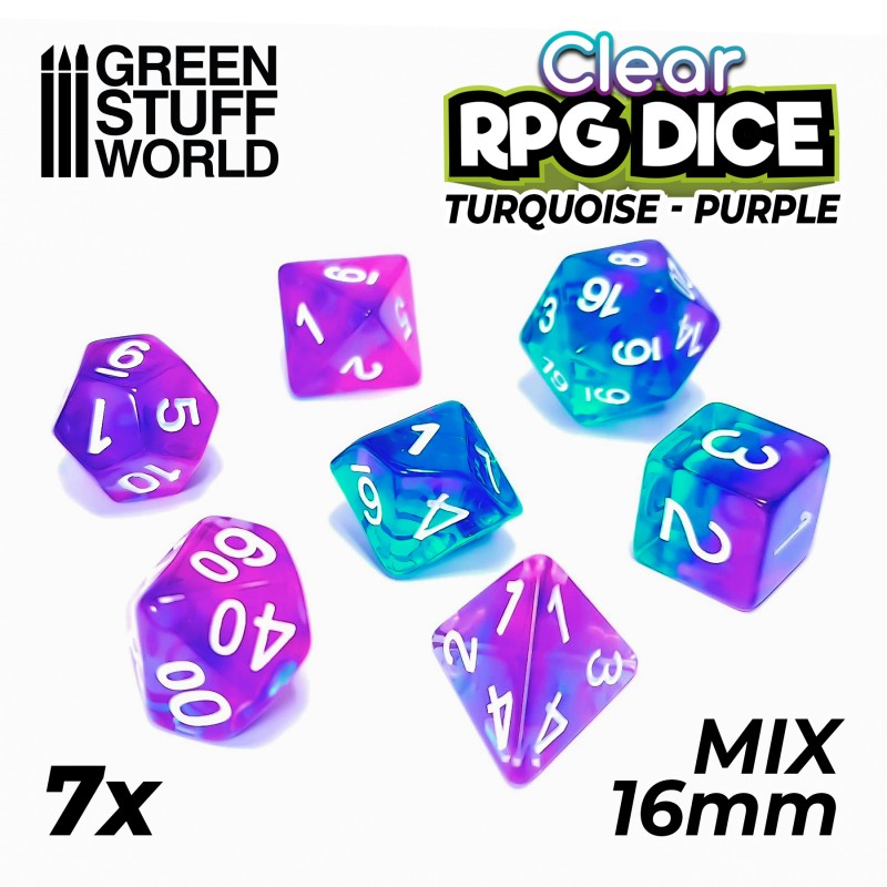 7x Mix 16mm Dice - Clear Turquoise/Purple 1