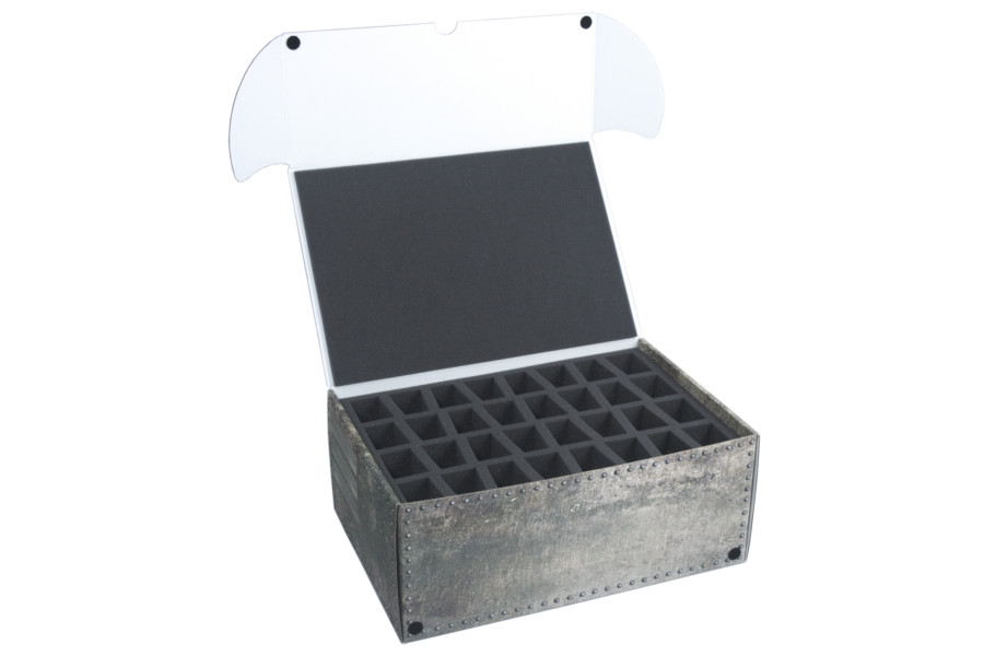 Combi BOX with 100mm deep raster foam tray and foam tray for 36 miniatures on 32mm bases 1