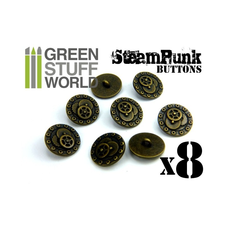 8x Steampunk Buttons BOLTS and GEARS - Bronze 1