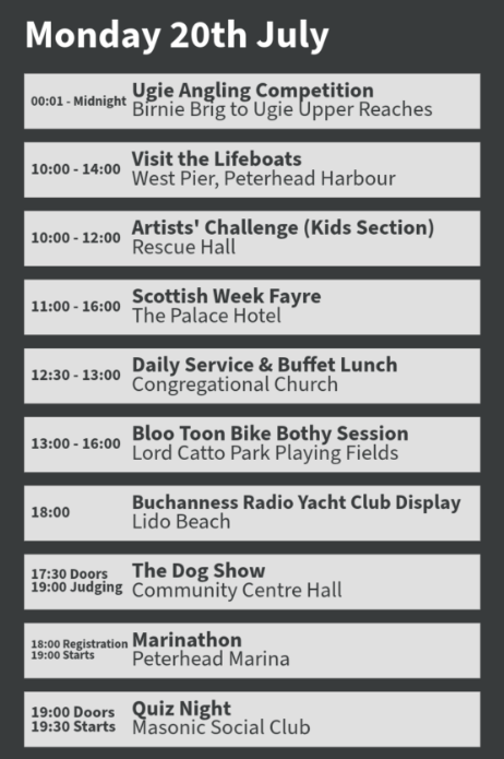 Peterhead Scottish Week Programme for Mon 20th July