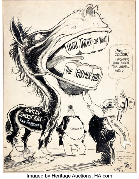 A political cartoon about the Smoot-Hawley Bill, A key moment in the history of tariffs