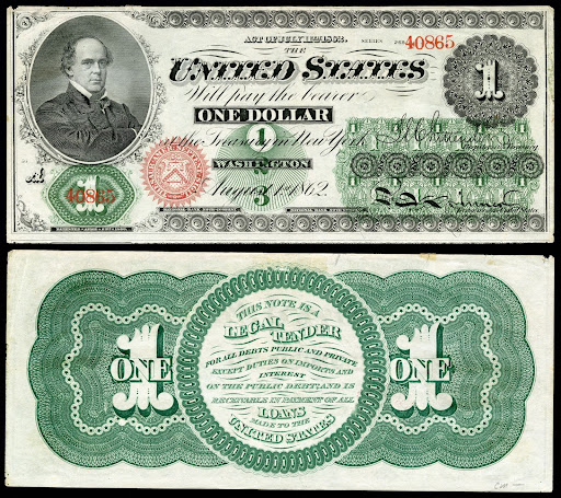 A one-dollar Greenback, first issued in 1862, featuring Salmon Chase