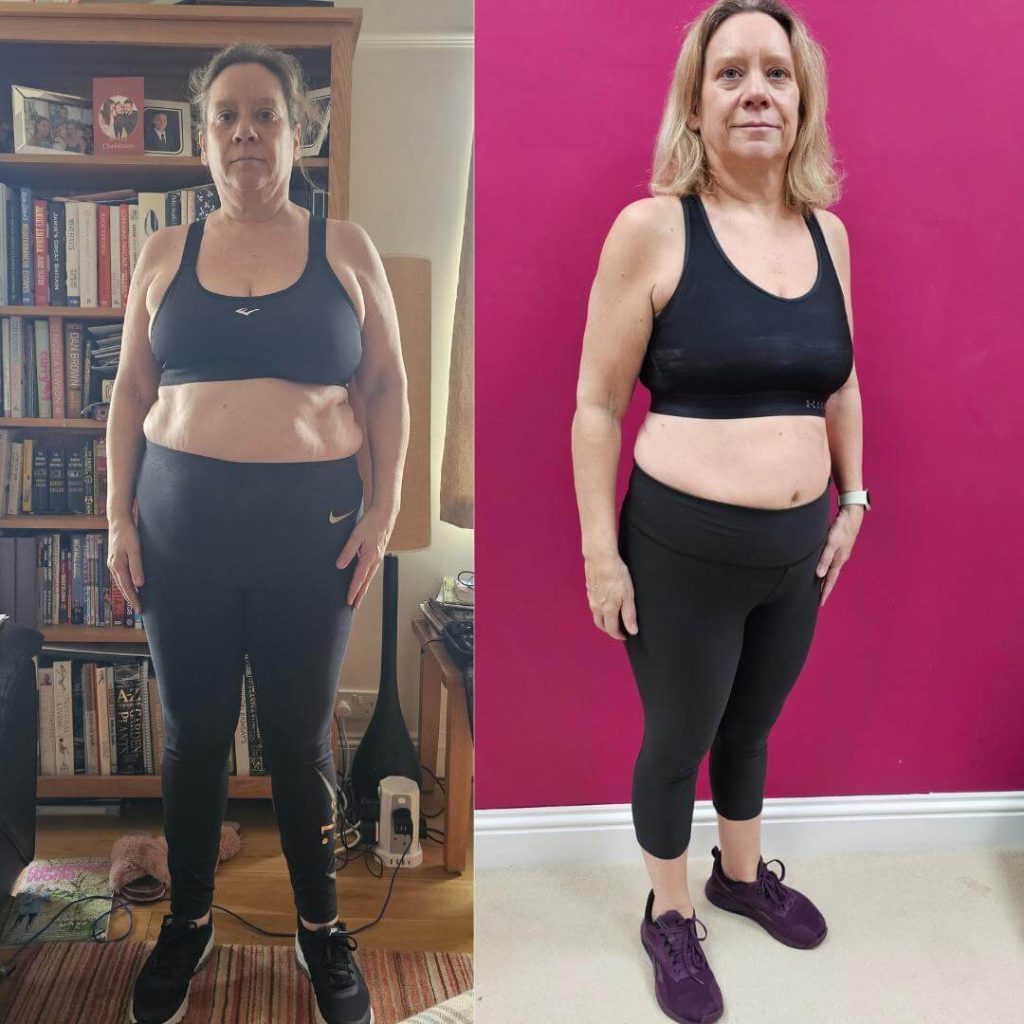 A side-by-side photo of Paula before and after her 16kg weight loss. 