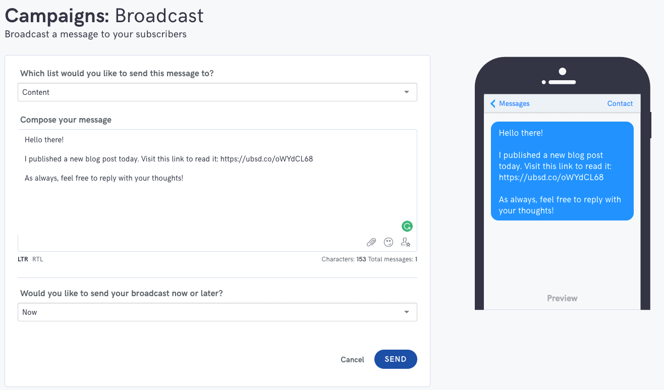 example of broadcast through ubisend