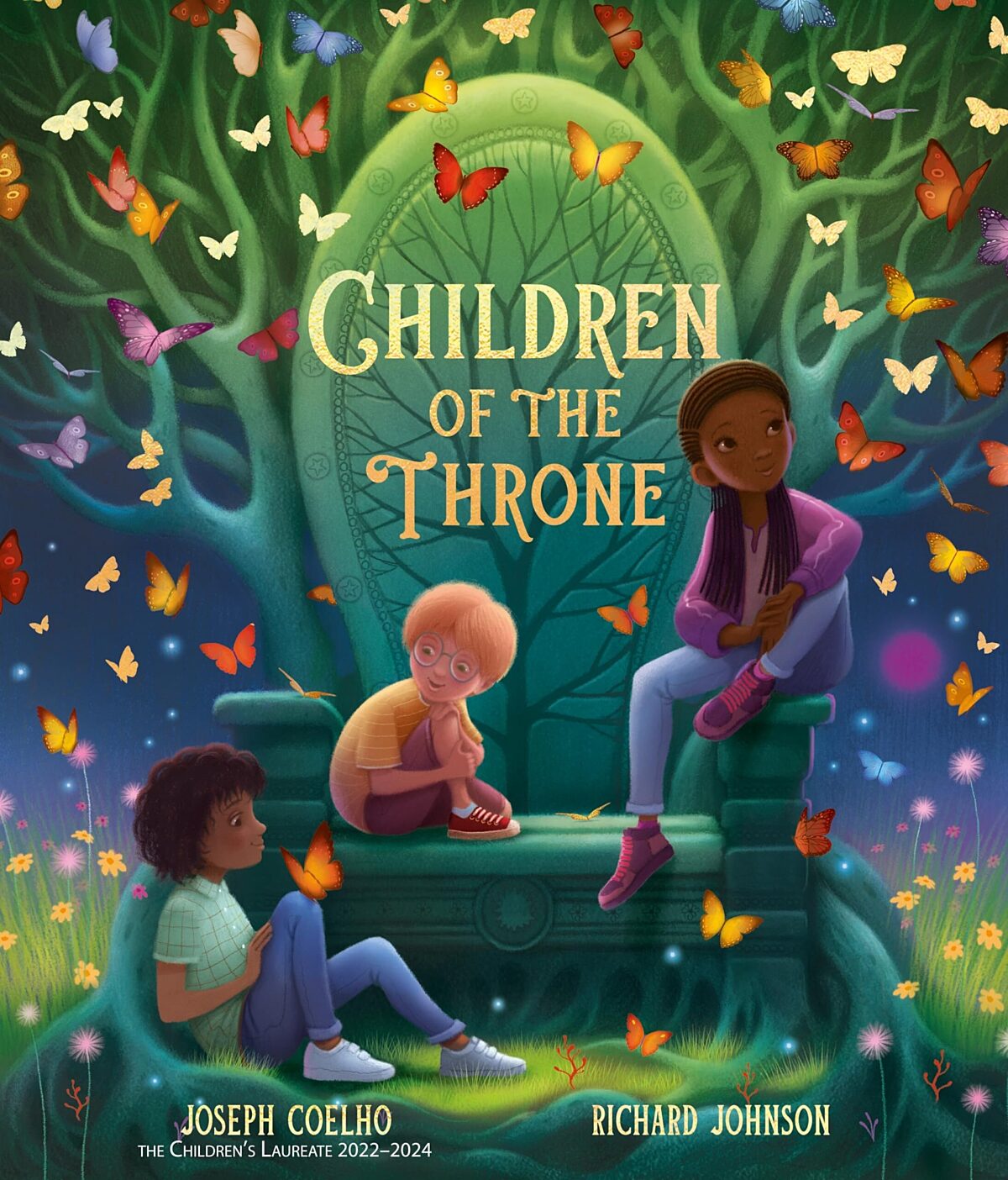 Illustrated book cover showing three children sitting around a large tree-shaped throne in a magical forest filled with colourful butterflies and wildflowers.