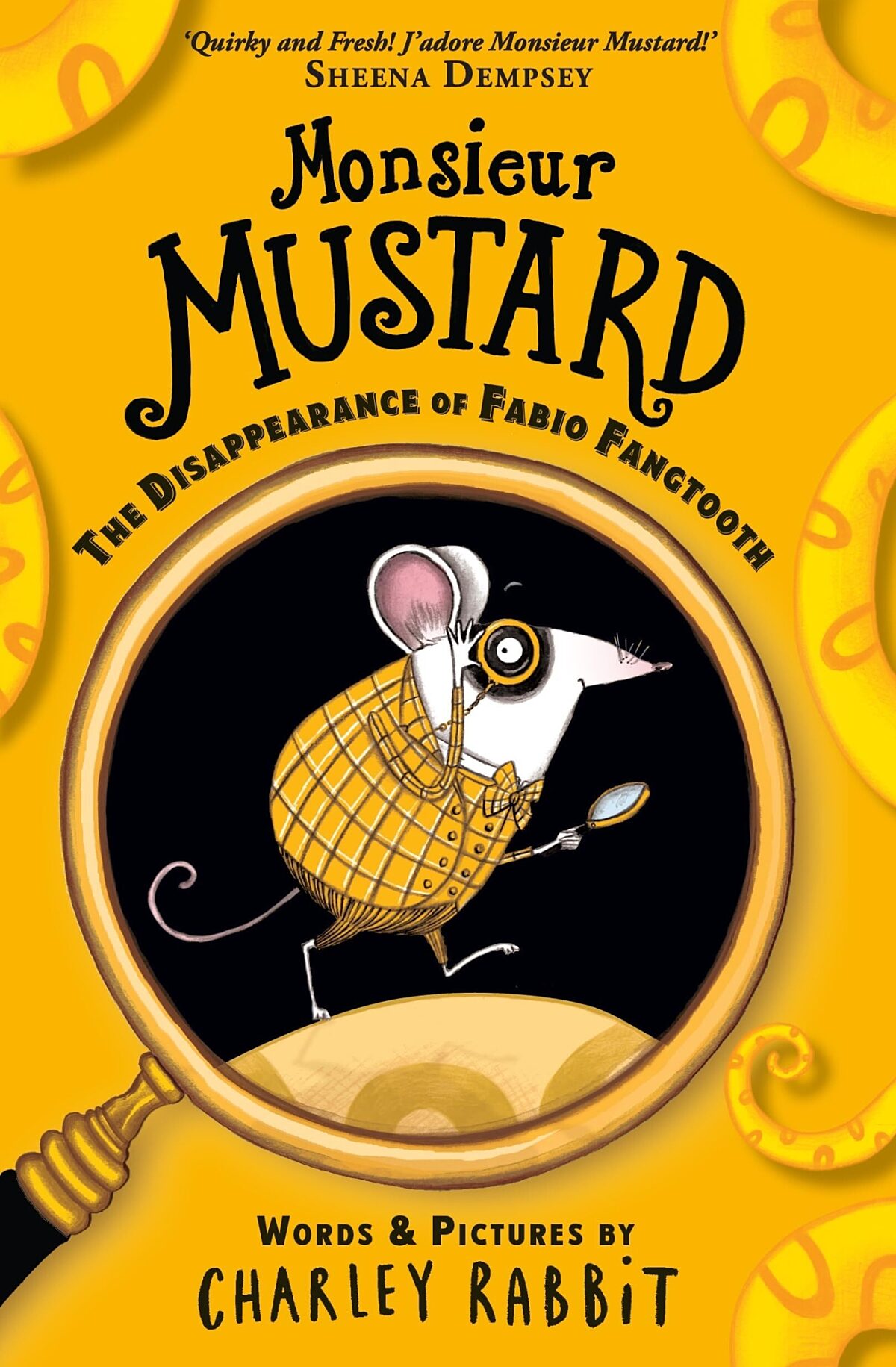 Illustrated book cover showing a mouse detective in a checked yellow suit holding a magnifying glass inside a large magnifying glass on a bright yellow background.