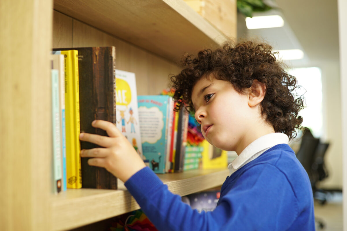 Child with brown curly hair looking through library of books