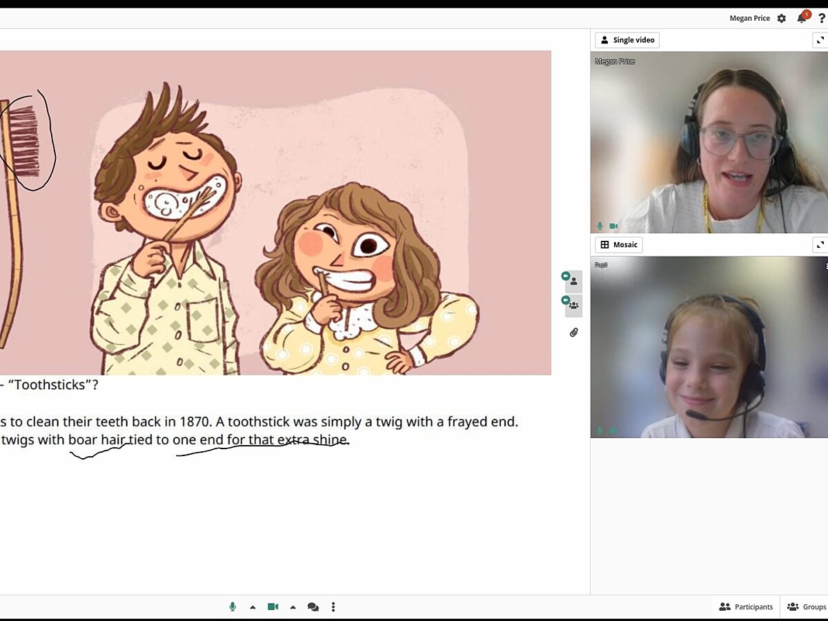 Screen showing a Bookmark volunteer and a child. They are reading a book online which shows two people brushing their teeth.