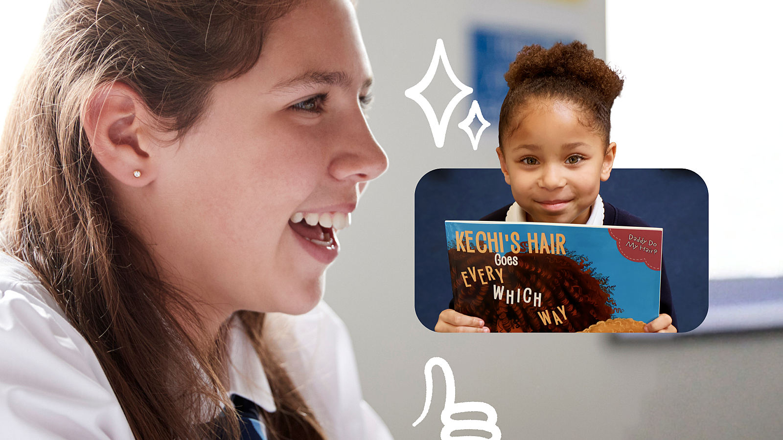 Student reading mentor smiling next to a smaller image of a child holding a book.