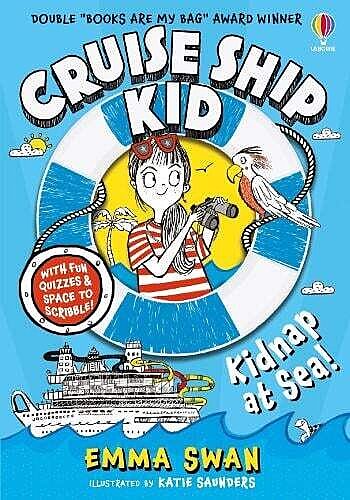 Illustrated book cover showing a child with binoculars standing by a lifebuoy above a cruise ship sailing on the ocean, with the title "Cruise Ship Kid: Kidnap at Sea".