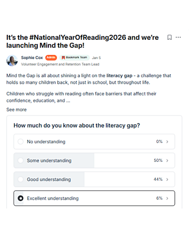 Screenshot of a LinkedIn post announcing the launch of Mind the Gap for #NationalYearOfReading2026. The post explains the literacy gap and includes a poll asking, “How much do you know about the literacy gap?” with response options ranging from no understanding to excellent understanding, each showing percentage results.