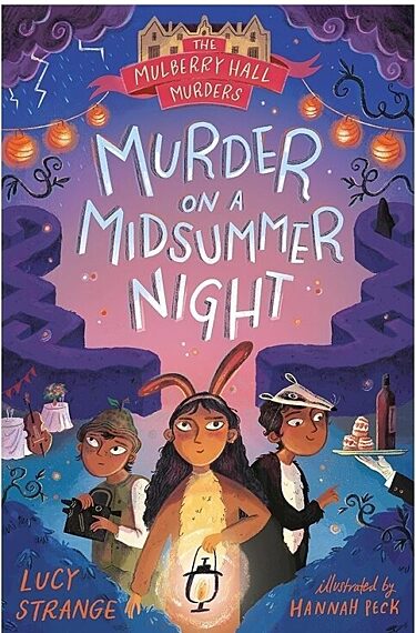 Illustrated book cover showing three children holding a lantern and standing in front of a large house decorated for a midsummer celebration at dusk.