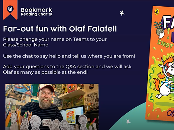 Event slide for Bookmark Reading Charity promoting ‘Far‑out fun with Olaf Falafel,’ featuring instructions for a Teams session, the book cover The Far‑Out Five: Snot Jelly Island, and a display of illustrated cut‑out characters in a colourful room.