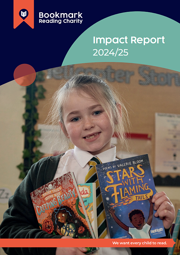 front cover of Impact Report 2024/25, which features a picture of a girl holding up 3 picture books and smiling