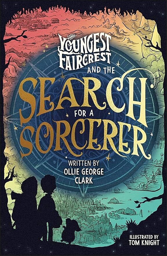 Illustrated fantasy book cover showing two children and a small animal companion overlooking a magical landscape filled with villages, forests and mysterious symbols.