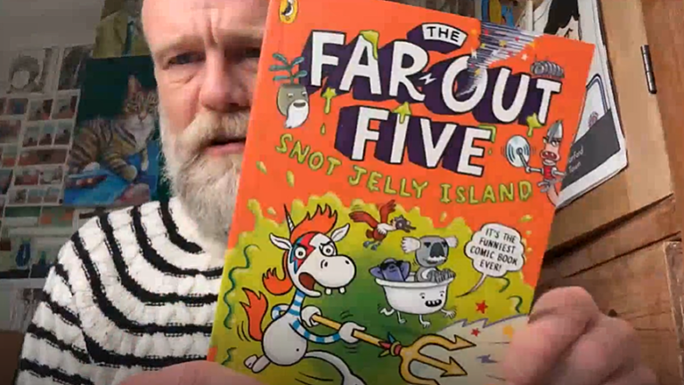Olaf Falafel holds up the illustrated book The Far‑Out Five: Snot Jelly Island during a virtual school visit with Bookmark Reading Charity