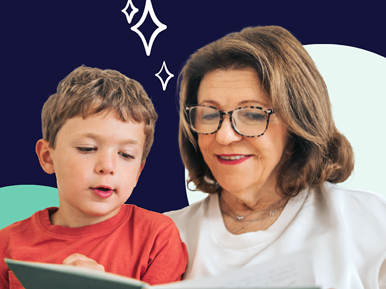 Bookmark volunteer reading a book with a child.