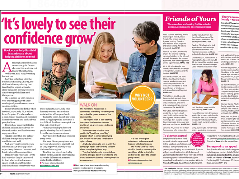 Magazine page with text from Bookmark volunteer Judy. Image of Judy reading a book next to an older lady and a child reading.