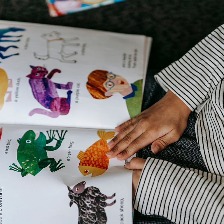 A child's hands turning the pages of an illustrated animal picture book.