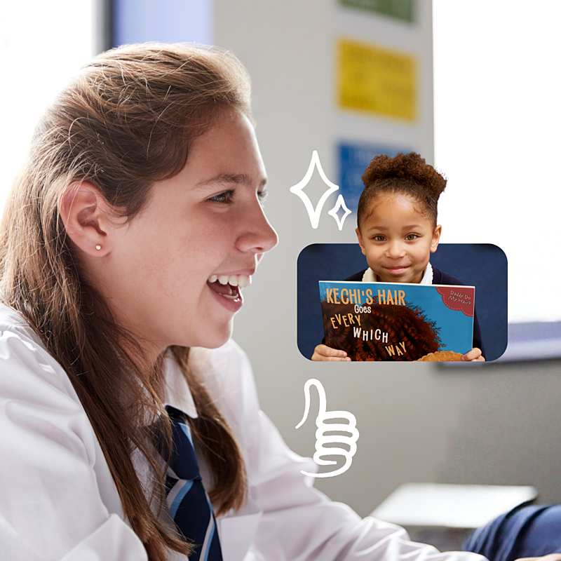 Student reading mentor smiling next to a smaller image of a child holding a book.