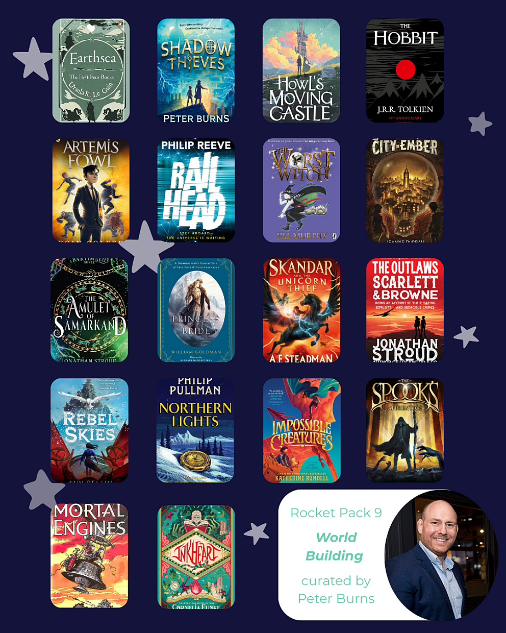 A grid of book covers included in the Rocket Pack, alongside a photo of author Peter Burns and the title of the Rocket pack