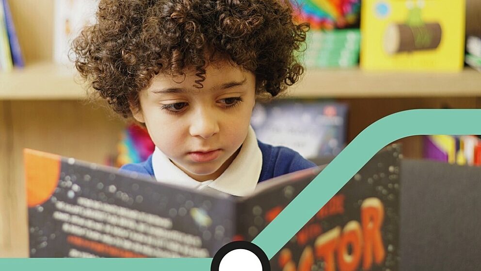 Child reading a space-themed book titled “Victor” in a colorful library setting, with a teal campaign graphic overlay for the Mind the Gap initiative during the National Year of Reading.