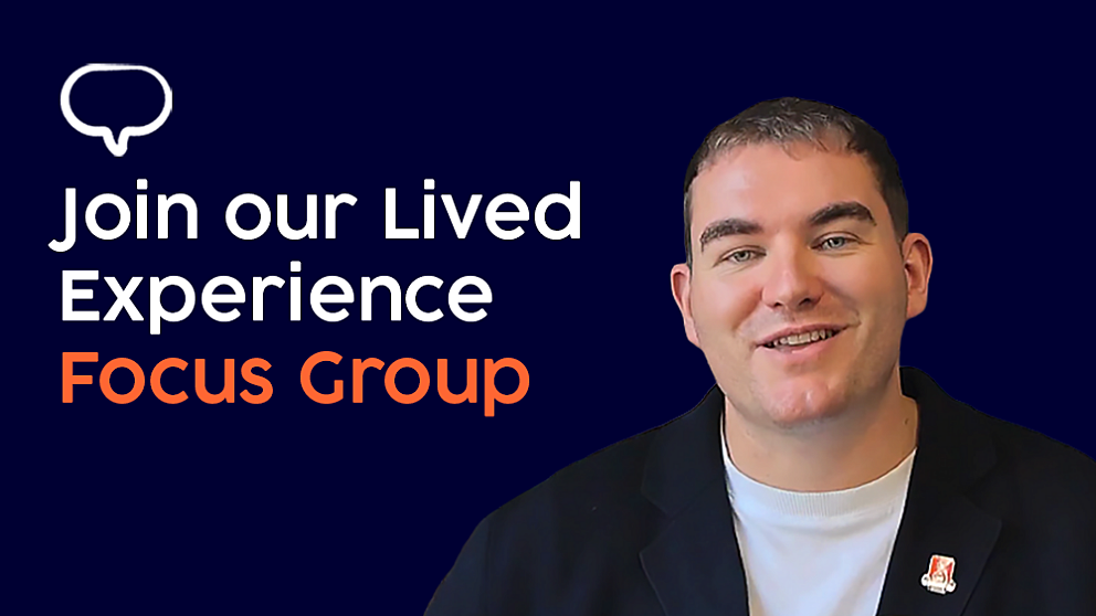 Bookmark CEO smiling at the camera with text "join our lived experience focus group"