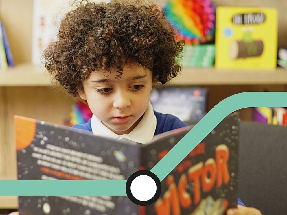 Child reading a space-themed book titled “Victor” in a colorful library setting, with a teal campaign graphic overlay for the Mind the Gap initiative during the National Year of Reading.
