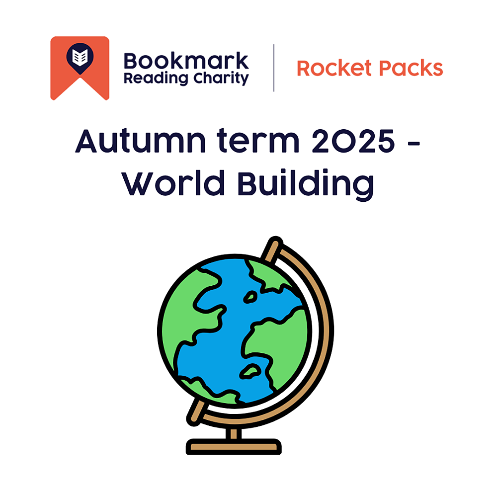 graphic cover for literary resource with blue and orange text and a clip art globe on it