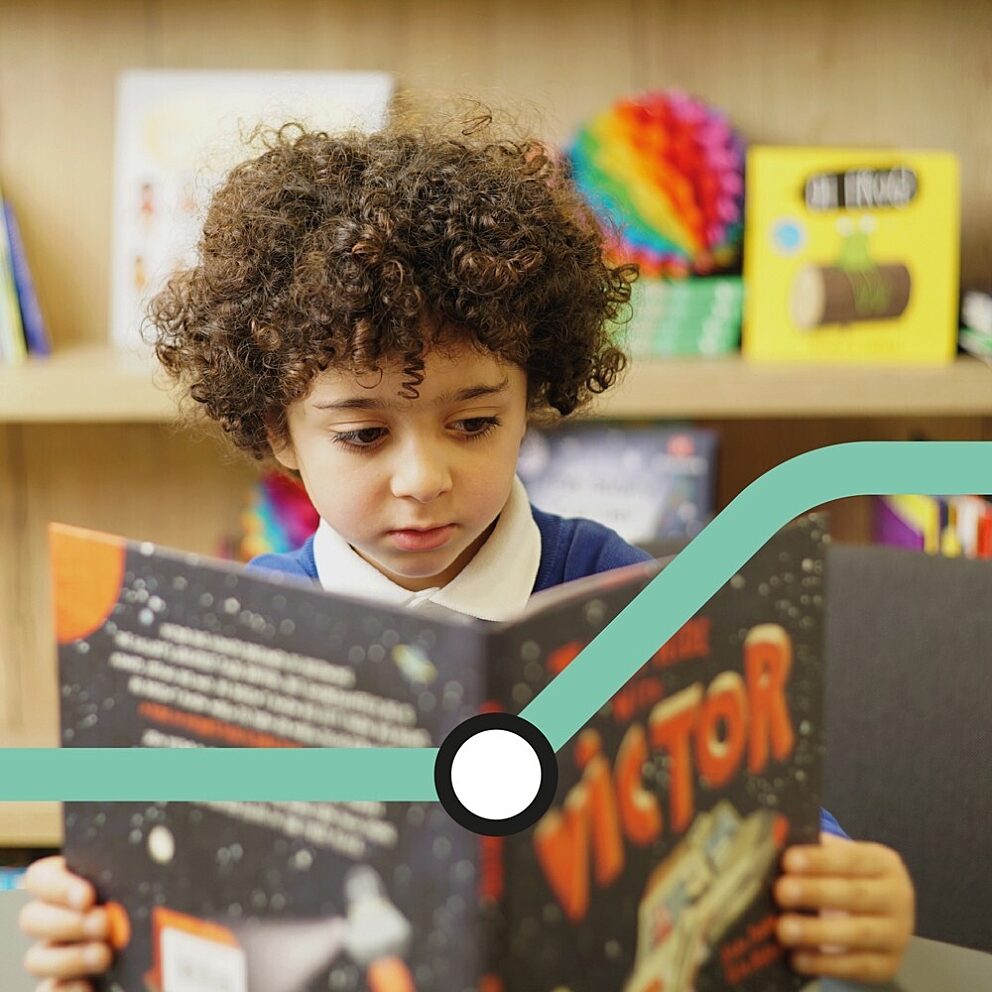 Child reading a space-themed book titled “Victor” in a colorful library setting, with a teal campaign graphic overlay for the Mind the Gap initiative during the National Year of Reading.