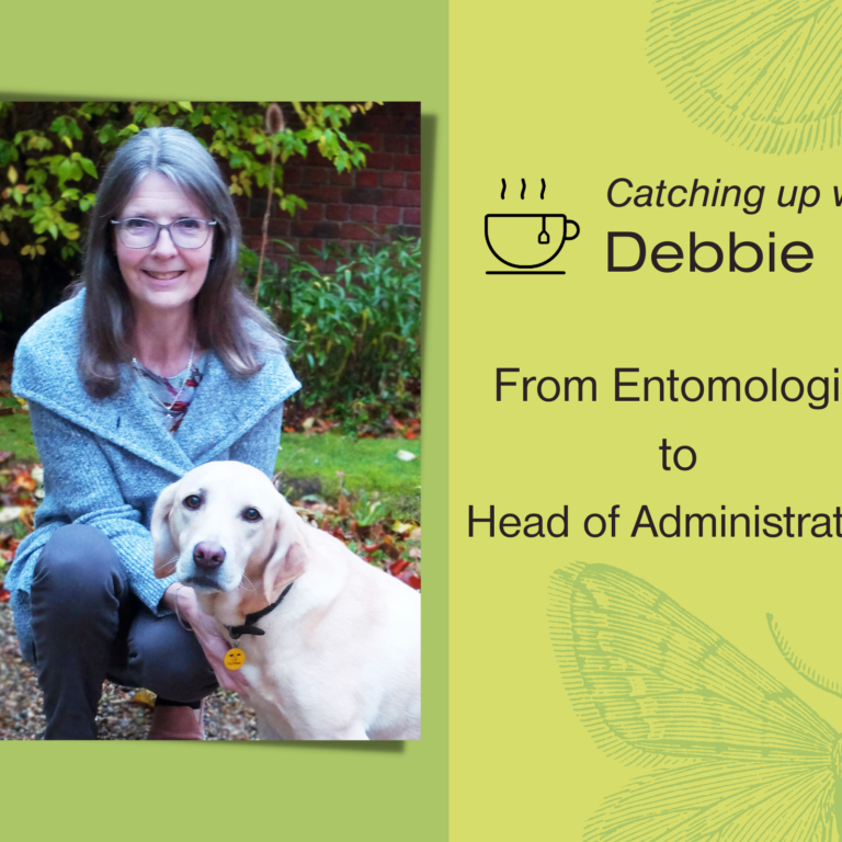 Photograph of Debbie Feather with her pet dog. Caption reads "Catching up with Debbie. From entomologist to head of administration"