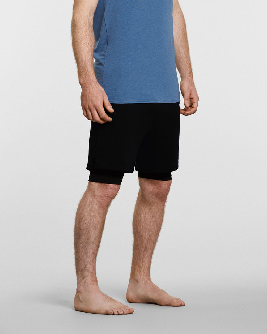 Mens yoga shorts with under in black side shot