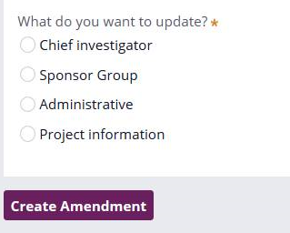 A screenshot from IRAS that reads: What do you want to update? Chief Investigator, Sponsor Group, Administrative, Project Information