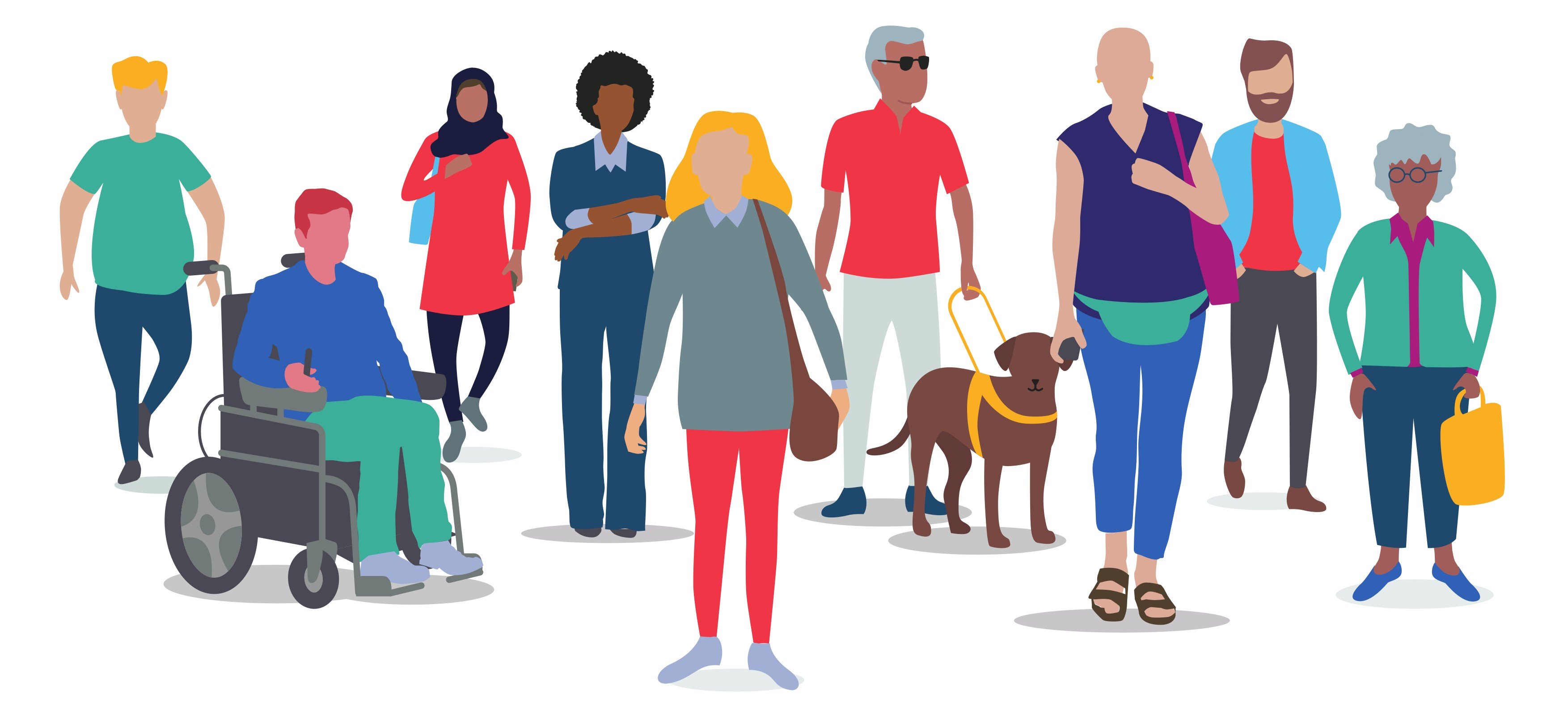 A mix of cartoon people including a variety of age and ethnicity including a person in an electric wheelchair, a cancer patient, a child with a walking frame, a teenager on a phone, and a person with a guide dog