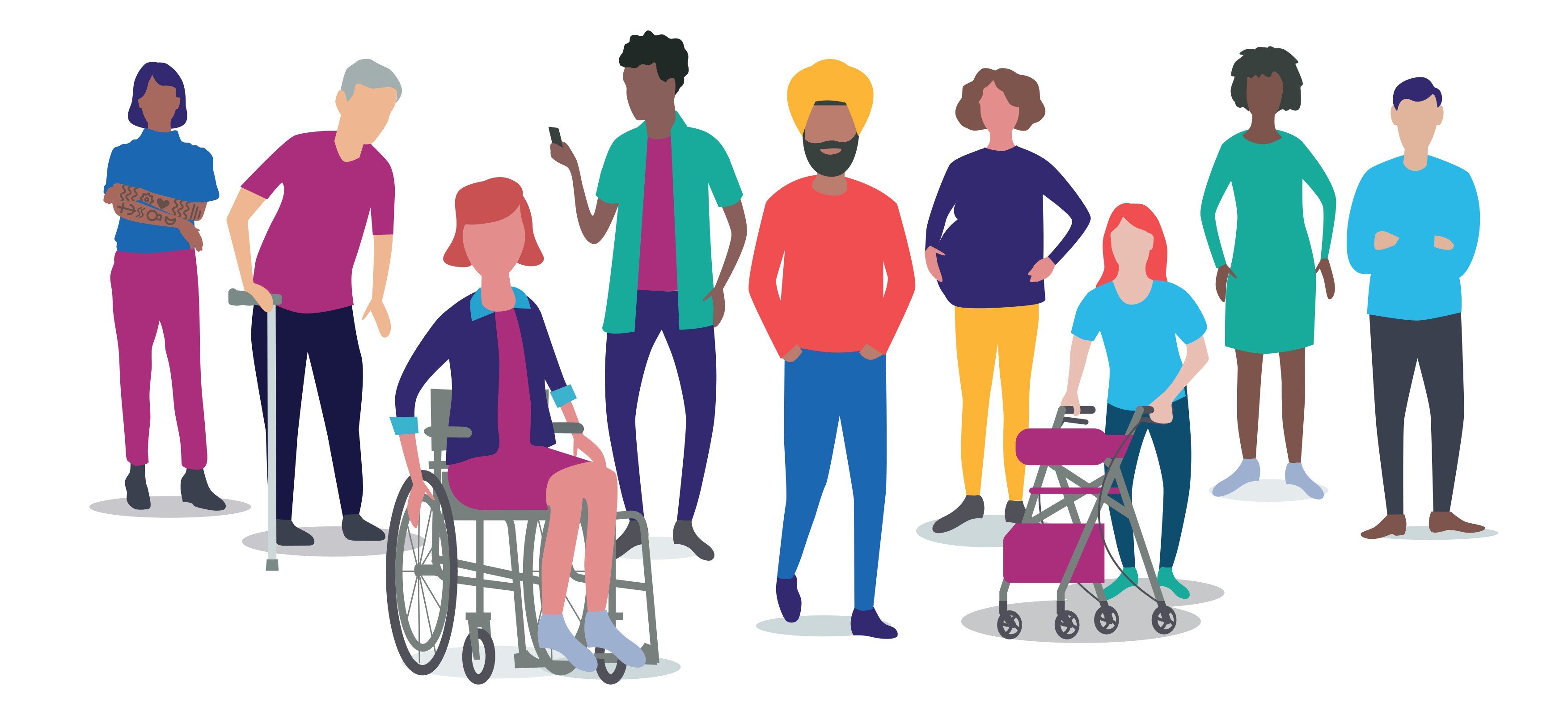 A mix of cartoon people including a variety of age and ethnicity including an older person with a walking stick, a pregnant person, a black person in a business suit, an older person wearing glasses and jeans, a man in a turban, a person with tattoos and a lady in a wheelchair.