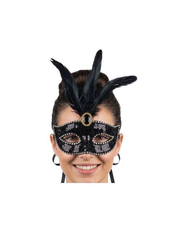 Black Feathers Sequinned Mask