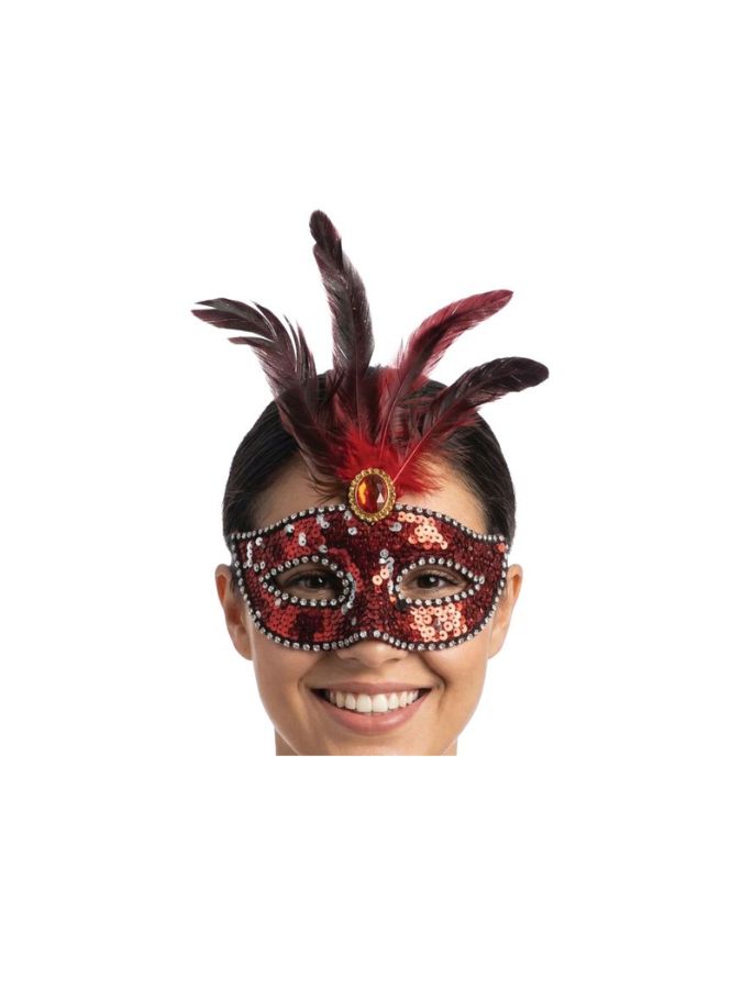 Red Feathers Sequinned Mask