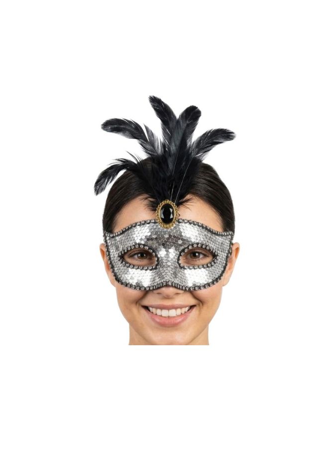Silver Feathers Sequinned Mask