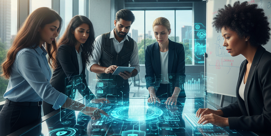 A diverse team of AI professionals collaborating around a holographic display of data visualizations in a modern, secure environment.